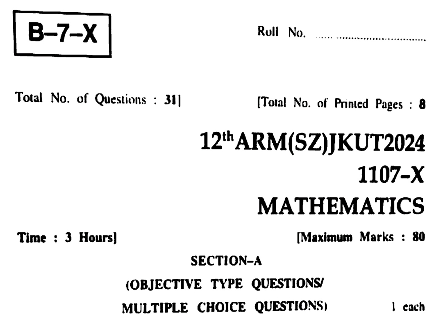 Jkbose previous year question paper 2024 SET X, Y, Z Maths