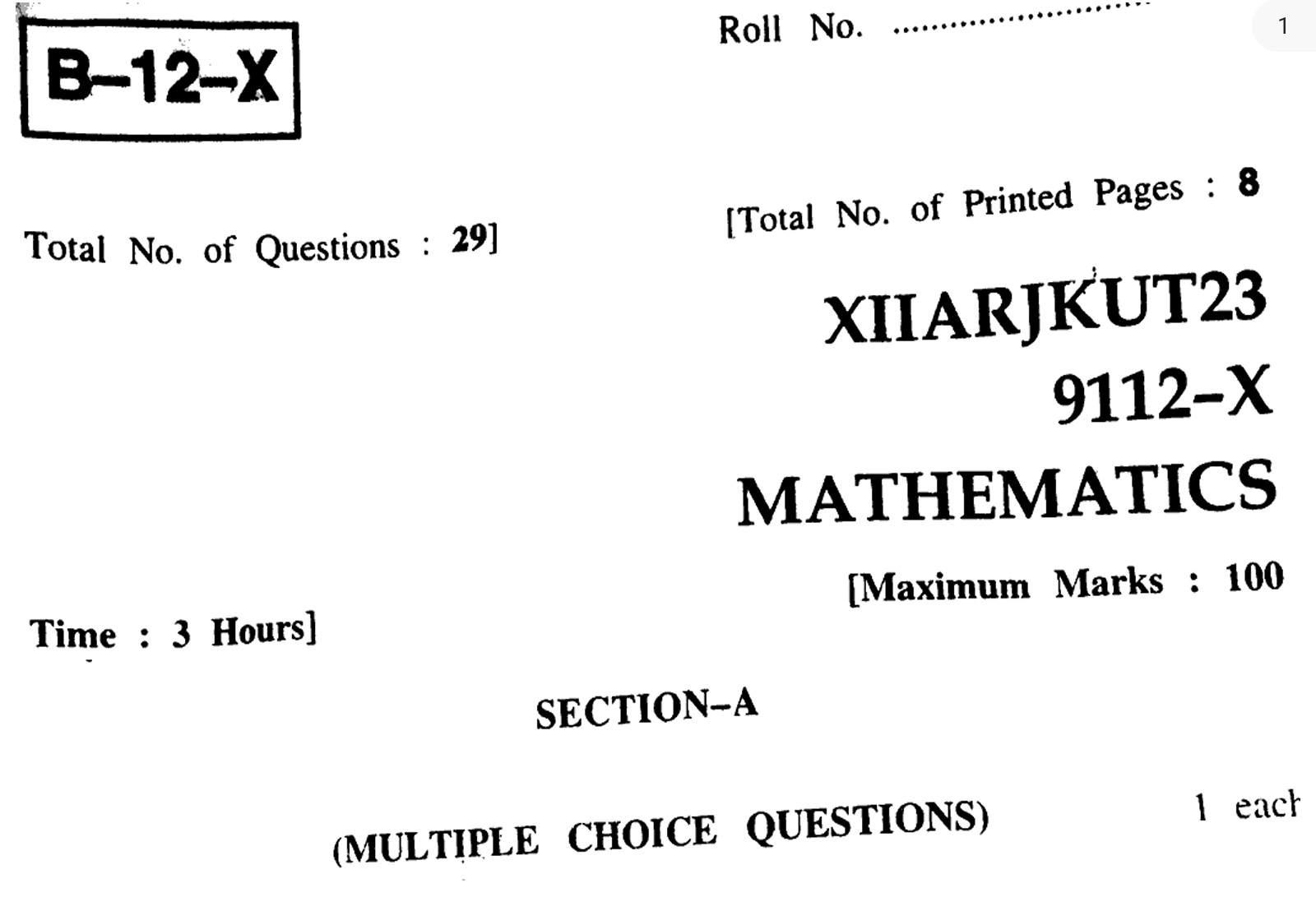 Jkbose previous year question paper 2023 SET X, Y, Z Maths