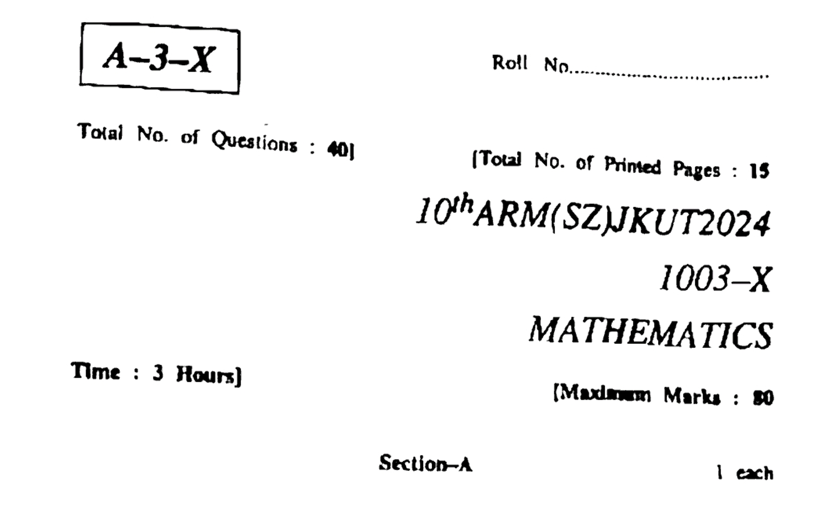 Jkbose Previous Year Solved Question Paper 2024 Set X, Y, and Z- Class 10 maths